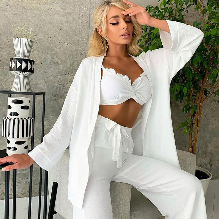 Sweet Ruffled Wrapped Chest Gauze Pajamas Women Long-Sleeved Three-Piece Nightgown Bow Homewear