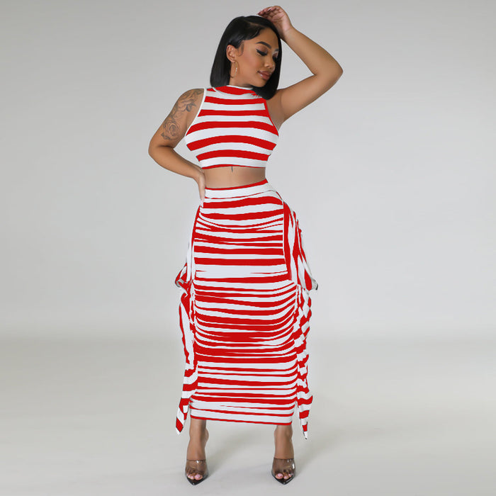 Women Clothing Summer Set Striped Cropped Sleeveless Vest Dress Two Piece Set