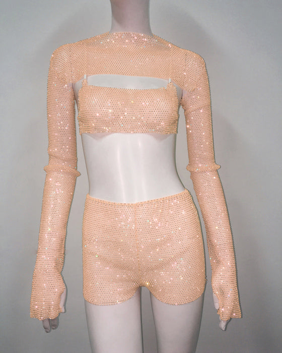 Sexy Set Fishnet Rhinestone Suspender Shorts Three Piece Sexy Pants Set