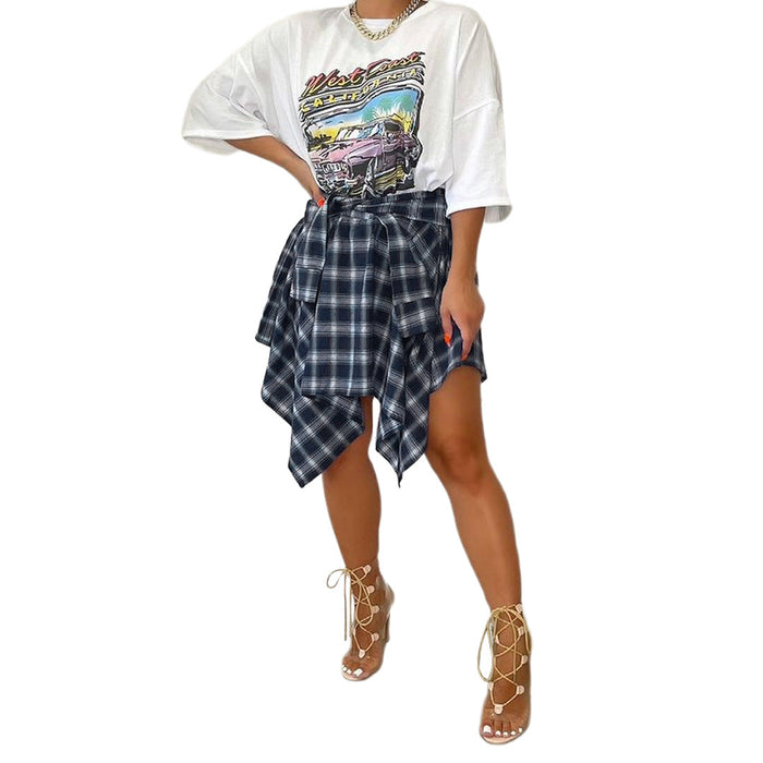 Women Clothing Nightclub Irregular Asymmetric Plaid Tied Sleeve Faux Shirt Skirt