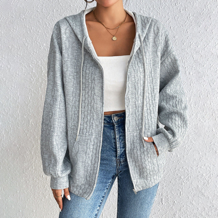 Autumn Winter Solid Color Hooded Loose Zip Long Sleeve Knitted Cardigan Coat Women