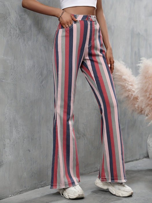 Spring Summer Striped Skinny Raw Edge Denim Casual Trousers Women