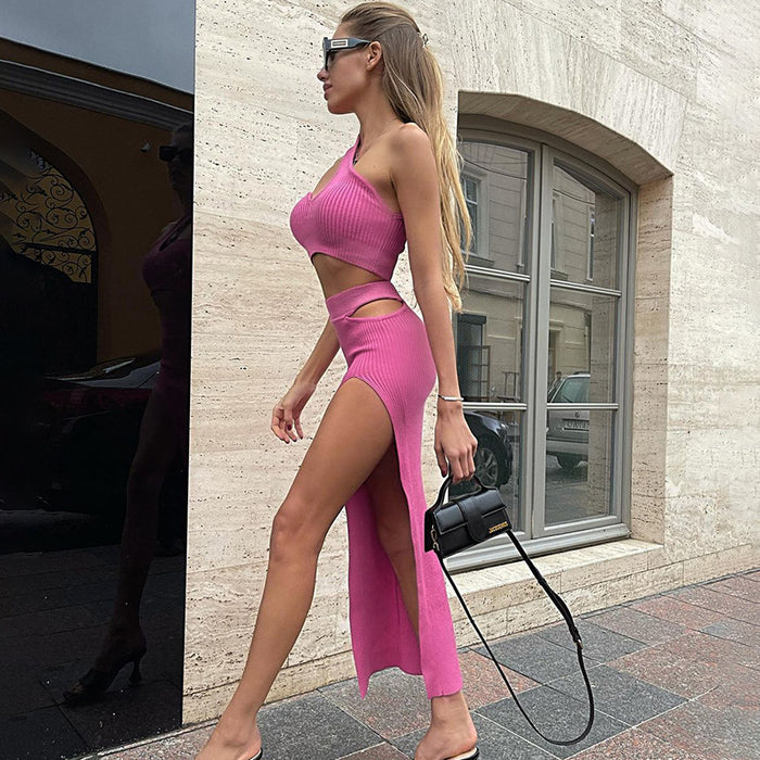 Women Clothing Summer Solid Color Thread One-Piece Cropped Hollow-out Split Maxi Dress