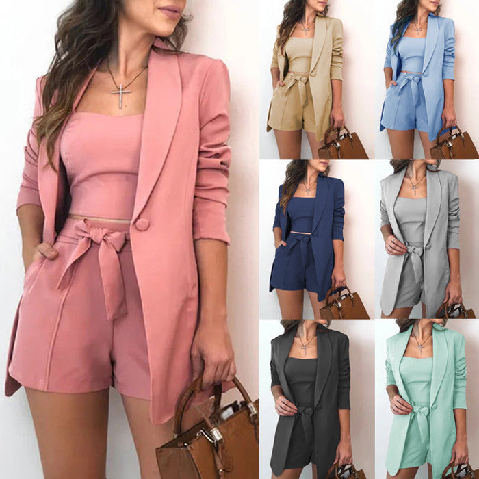 Spring Summer Solid Color Vest Blazer Fashion High Waist Shorts Women Clothing