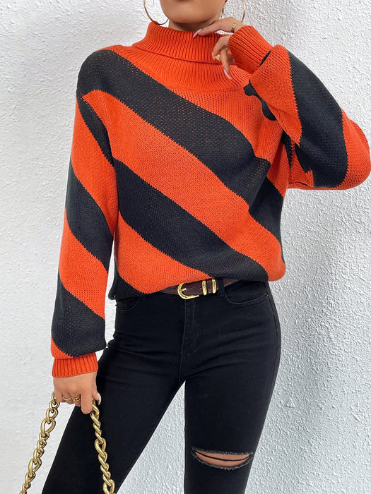 Autumn Winter Turtleneck Pullover Contrast Color Diagonal Striped Knitted Bottoming Shirt Women