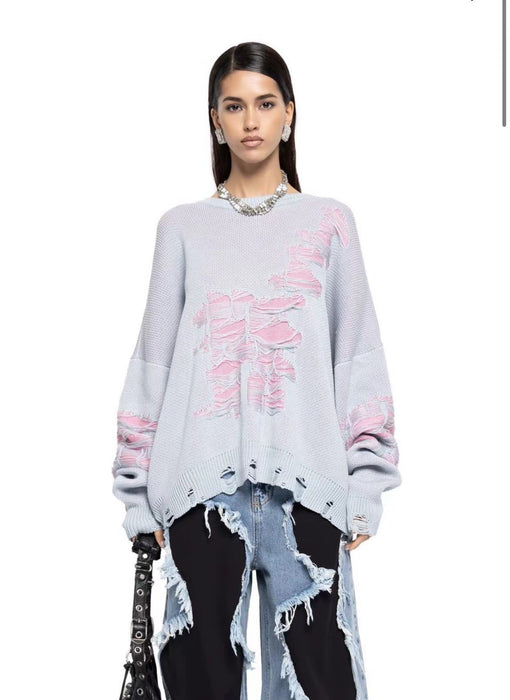 Street Loose Sweater Women Casual Loose Idle Sense Color Matching Ripped Long Sleeves Top Women Autumn Winter