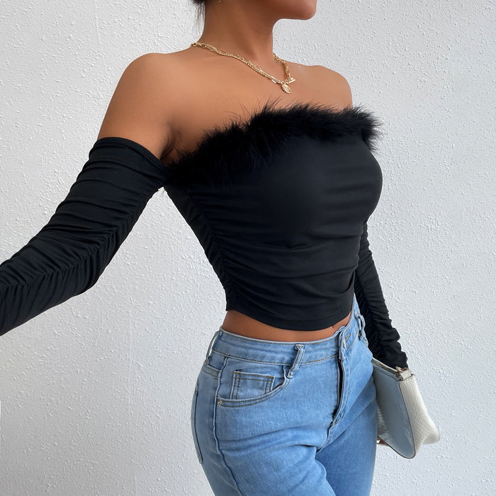 Women Summer Retro Fur Collar Tube Top Long-Sleeved Shirt off-Neck Backless off-Shoulder Top