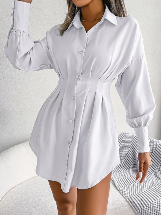 Autumn Winter Casual Lantern Sleeve Waist-Tight Asymmetric Dress Shirt Dress Women Clothing