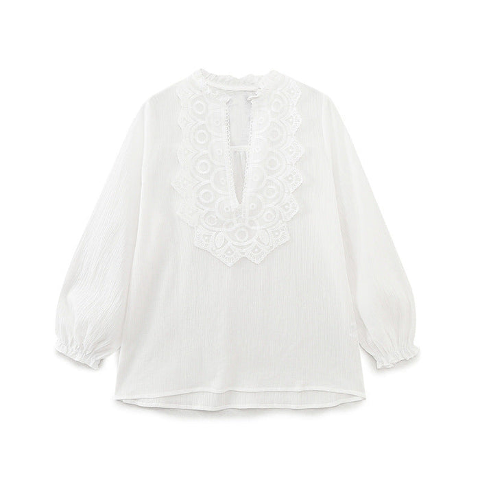 Spring Long Loose Casual Chest Embossed Lace Decorative Shirt