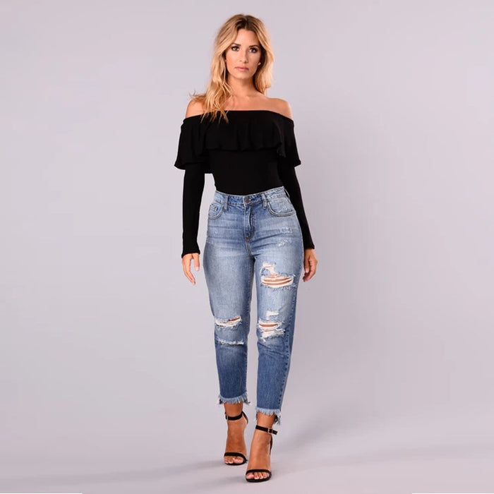 Autumn Holes Irregular Asymmetric Ankle Length Jeans Women