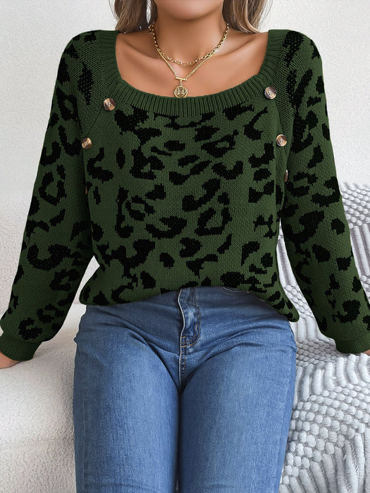 Autumn Winter Casual Square Collar Button Contrast Color Leopard Print Long Sleeve Sweater Women Clothing