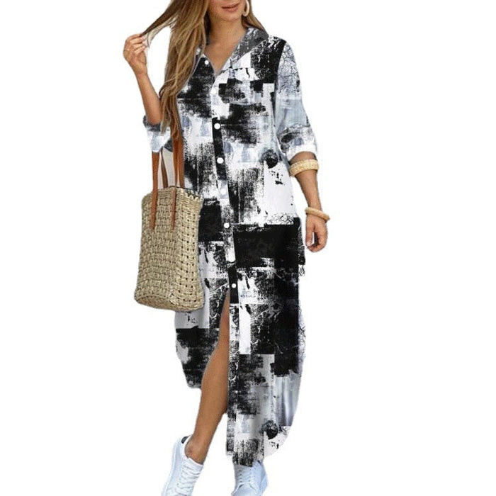 Women Clothing Spring Summer Printed Sexy Shirt Dress