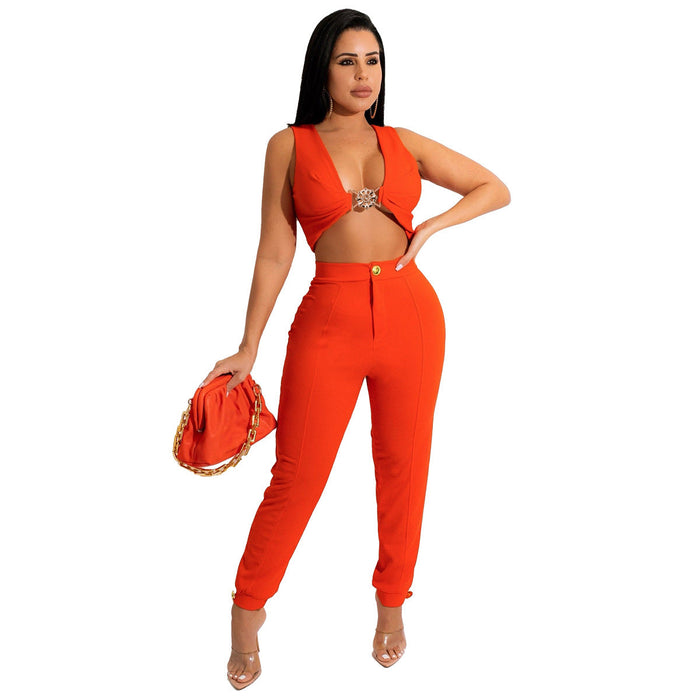 Solid Color Tight Sleeveless Knitted Two-Piece Vest Pants Suit for Women