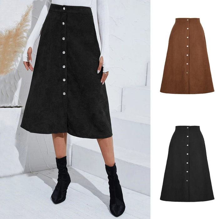 Women Clothing Boutique Corduroy Skirt Single Breasted High Waist Autumn Winter Maxi Women Skirt