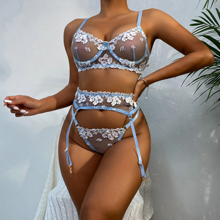 Sexy Lingerie Ladies Mini Floral at Steel Ring Embroidery Three Piece Set