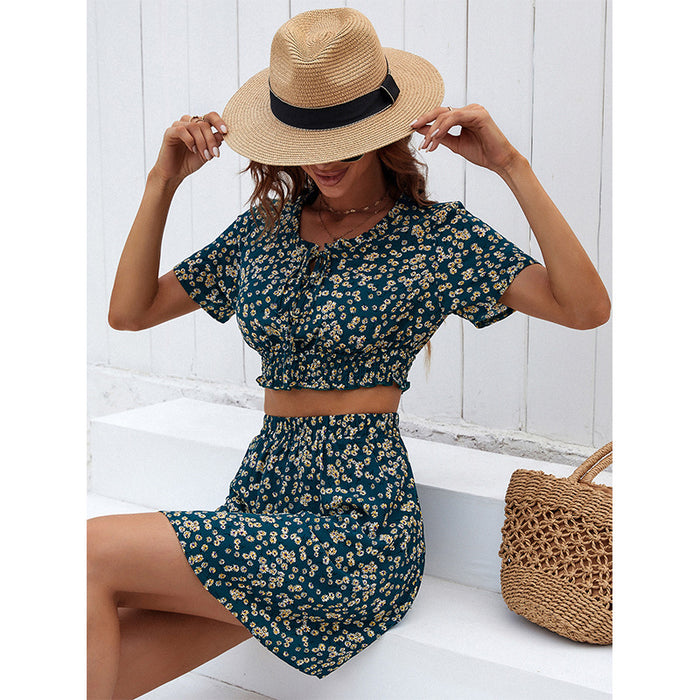 Best Women Clothes Dark Green Small Floral Wooden Ear Bare Cropped High Waist Skirt Outfit Women