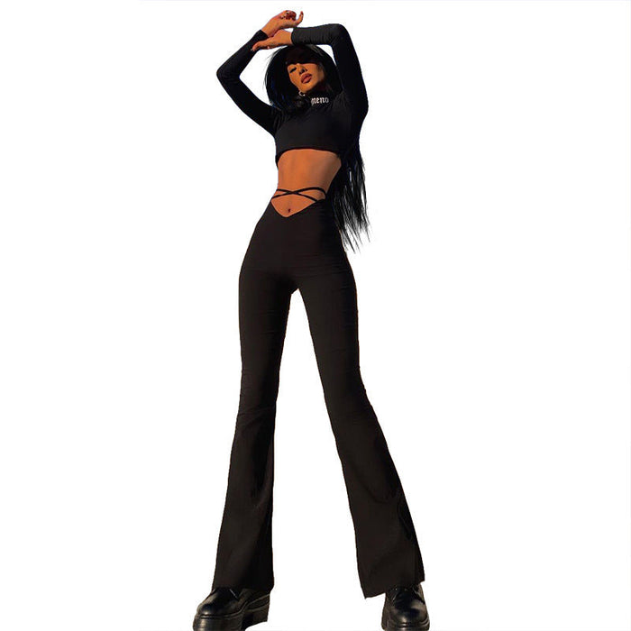 Spring New V-Shaped Waist cropped Criss Cross Strap Solid Color Flared Casual Pants Women