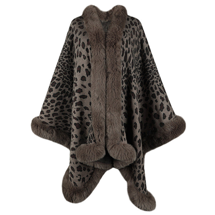 Autumn Winter Fur Collar Cape Cardigan Leopard Print Shawl Sweater Women