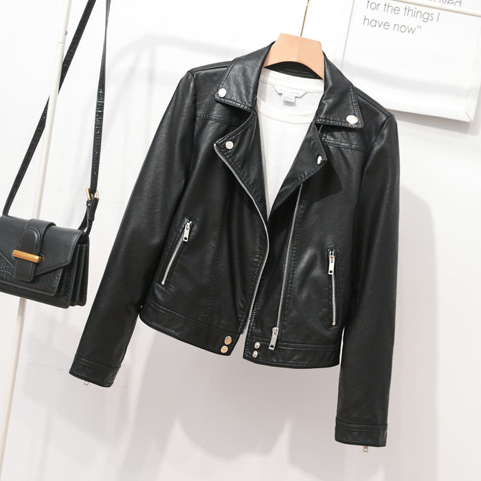 Spring Women Simple Collared Leather Jacket Short Motorcycle Clothing Faux Leather Casual Coat Sequ