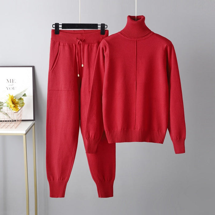 Casual Set Autumn Winter Turtleneck Solid Color Sweaters Two Piece Set