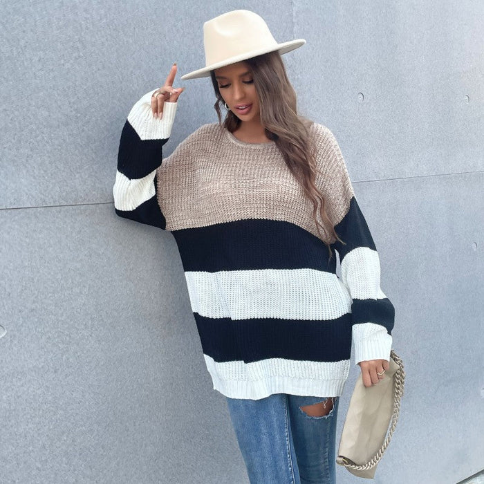 Autumn Inner Wear Mid Length Women Striped Round Neck Knitted Sweater for Women