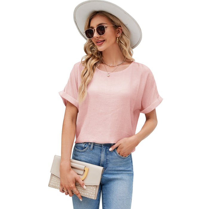 Round Neck Cotton Linen Shirt Women Short Sleeve Loose Solid Color Breathable Top