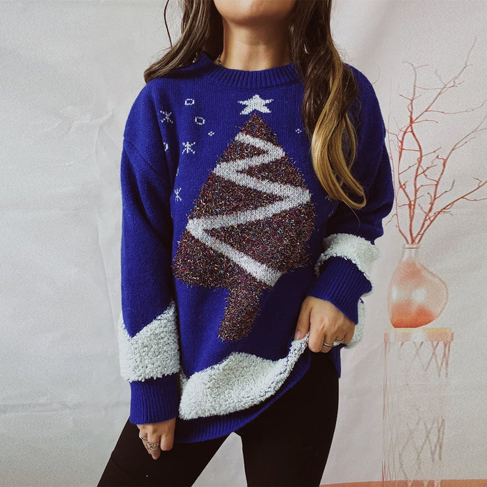 Christmas Sweater Christmas Tree Gold Line Flocking round Neck Long Sleeve Loose Knitted Pullover Women