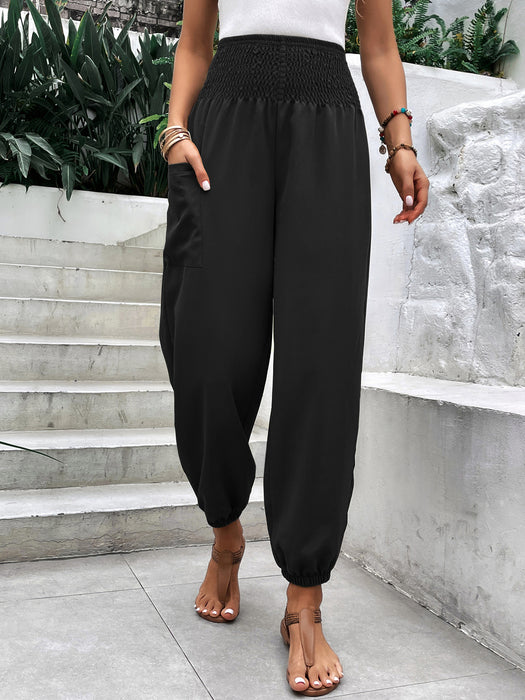 Women Clothing Elastic Waist High Waist Wide Leg Ankle Length Pants