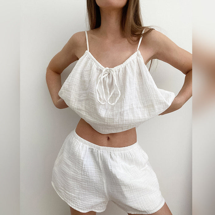 Summer Halter Sleeveless Double Layer Gauze Cotton Lace up Drawstring Shorts White Suit Pajamas Home Wear for Women