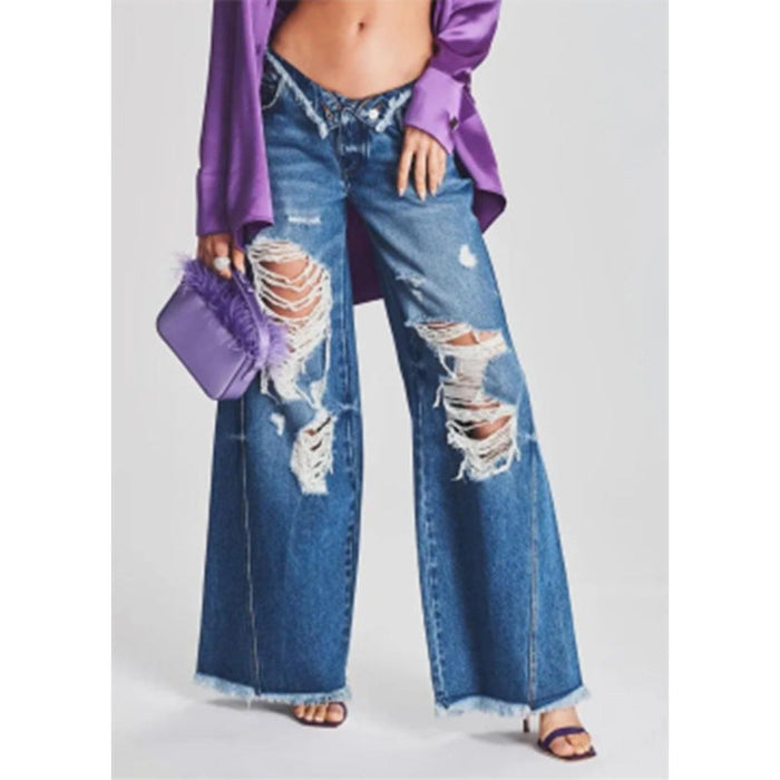 Ladies Jeans Ripped Irregular Asymmetric Side Turn Waist Wide Leg Trousers Women