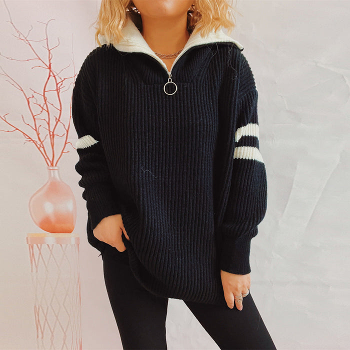 Autumn Winter Loose Casual Zipper Collared Arm Striped Knitted Sweater Pullover Sweater