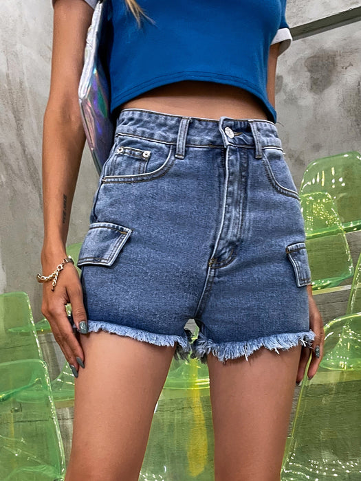 Straight Women Denim Shorts Dark Denim High Waist Wash Pants