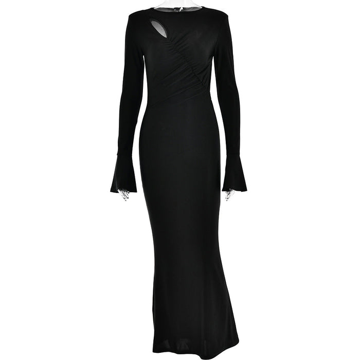 Sexy Long Sleeve round Neck Stitching Ruffle Horn Long Sleeve Narrow Slim Fit Maxi Dress