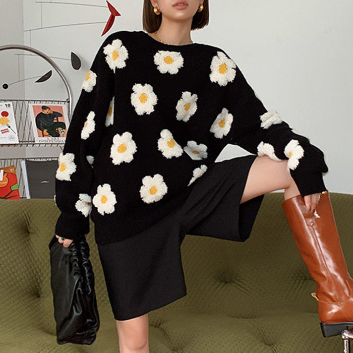 Autumn Winter Three Dimensional Little Daisy Thickened Black White Contrast Color Knitted Sweater Pullover for Women