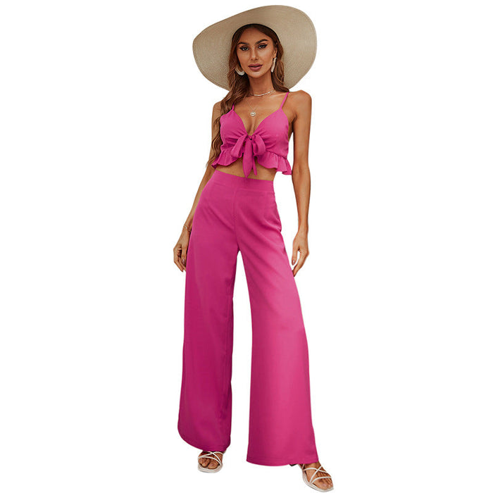 Spring Summer Rose Red Sling Tube Top Backless Sexy Top Women Long Bell-Bottom Pants Suit