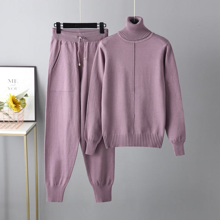 Casual Set Autumn Winter Turtleneck Solid Color Sweaters Two Piece Set