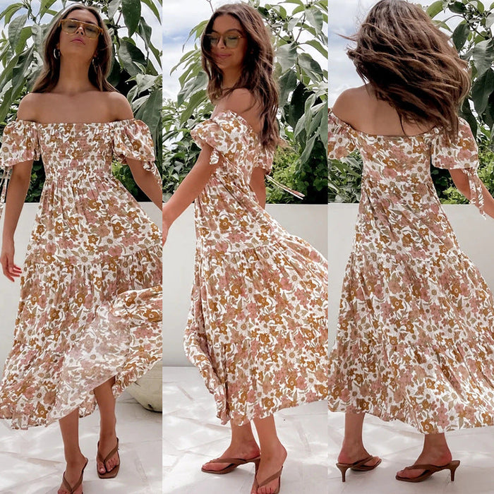 Spring Summer Elegant off-Shoulder Short Sleeve Lace-up Large  Maxi Dress for Women