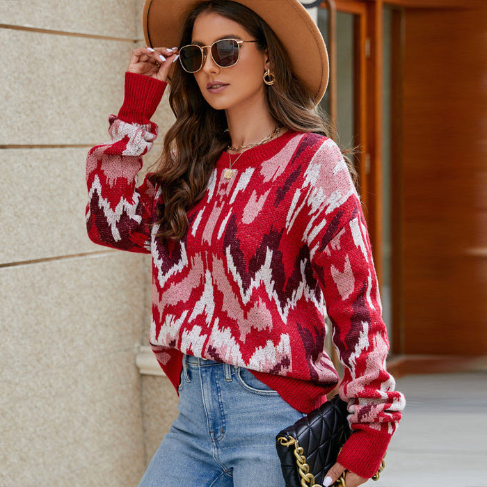 Retro Painted Autumn Winter Pullover Sweater Contrast Color Jacquard Loose Fitting Long Sleeve Sweater for Women