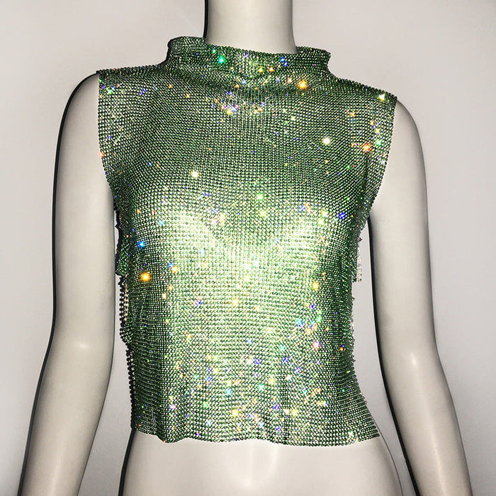 Women's Clothing Full Diamond Vest Luxury Turtleneck Rhinestone Top Sexy Nightclub Sexy Vest