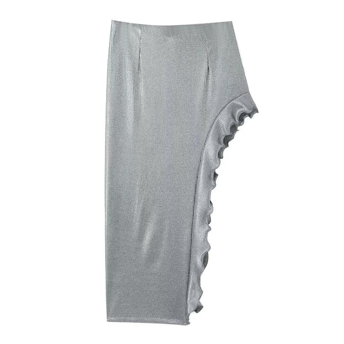 Summer Women Clothing Metal Color Line Irregular Asymmetric Mid Waist Skirt