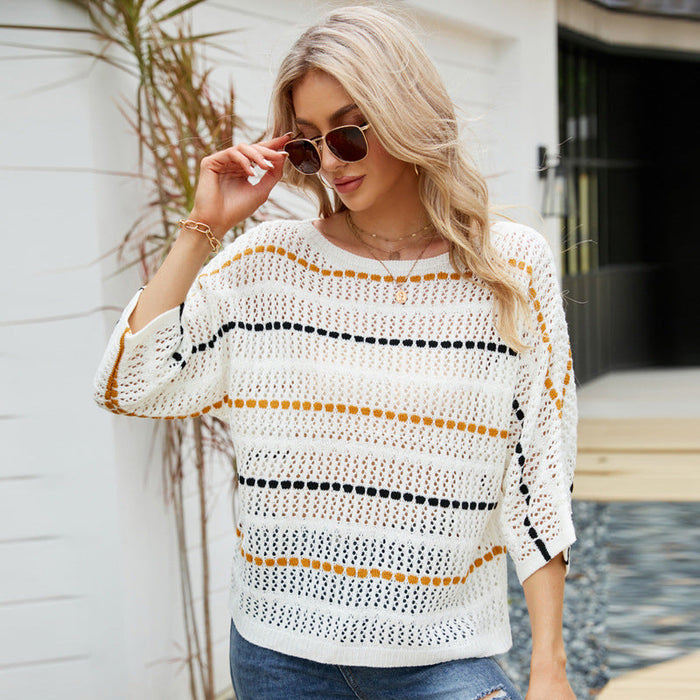 Loose Women Top Striped Knitwear off-Neck Hollow Out Hollow Out Cutout-out Knitted Sweater