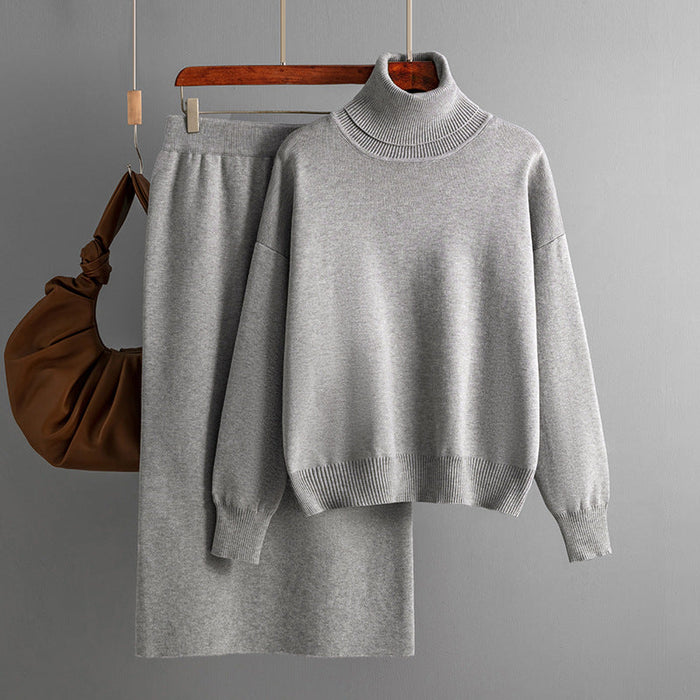 Solid Color Turtleneck Sweater Sheath Skirt Two Piece Set Autumn Winter Knitting Suit Women