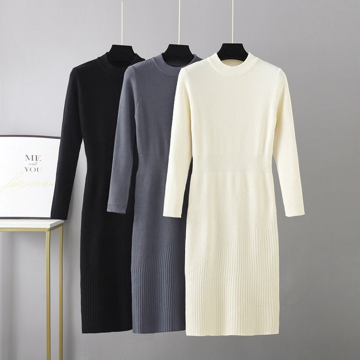 Half Turtleneck Overknee Long Sweater Autumn Winter Women Bag Hip Waist Controlled Slim Fit Slimming Base Knitting Dress