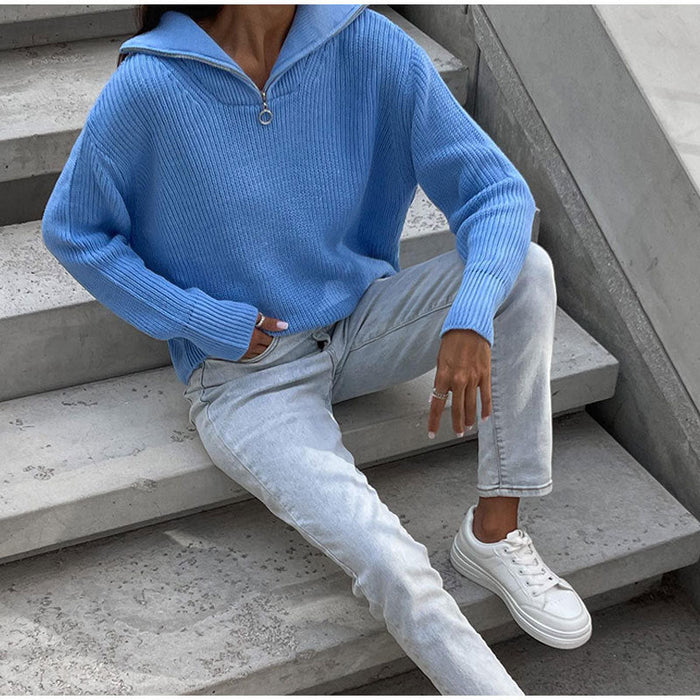 Zipper Sweater Pullover Knitted Loose Casual Women Clothing Women Autumn Winter