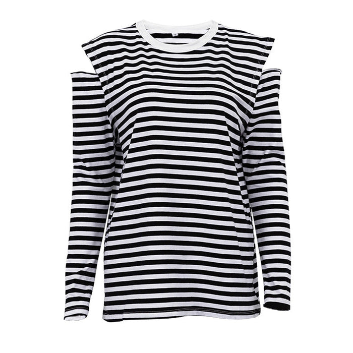 Summer Women  Clothing Striped Crew Neck Long Sleeves off Shoulder Loose Fitting T shirt Top Women