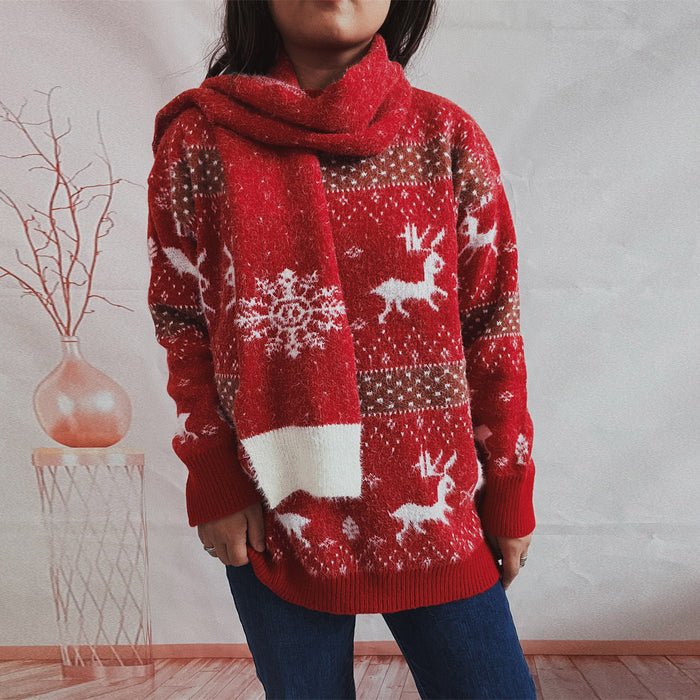 Autumn Winter round Neck Long Sleeve Deer Snowflake Jacquard Christmas Sweater Scarf Two Piece Set