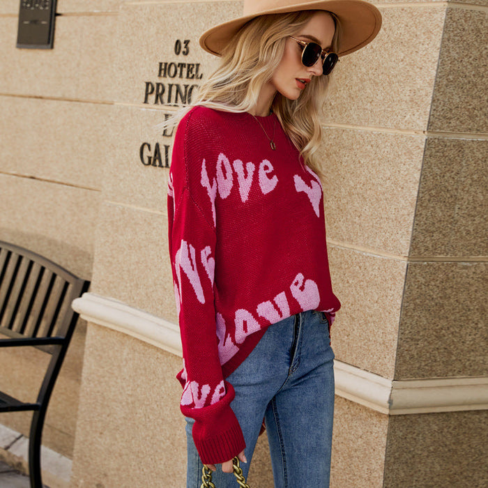 Autumn Winter Women Idle round Neck Letter Graphic Jacquard Long Sleeve Pullover Sweater