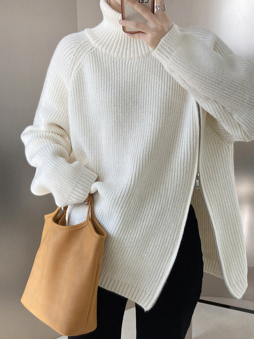 Design Double Headed Oblique Zipper Turtleneck Sweaters Women Clothing Autumn Winter Lazy Casual Sweater