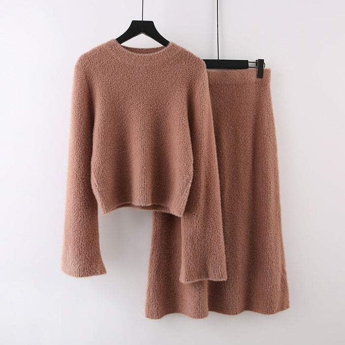 Autumn Winter French Retro Gentle Socialite Anti Aging Elegant Furry Sweater Skirt Set Women