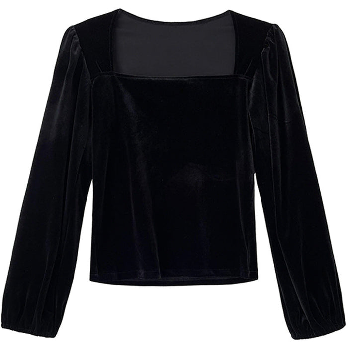 Black Pleuche Square Collar Small Shirt Women Autumn Young Puff Sleeve Shirt off-Shoulder Top